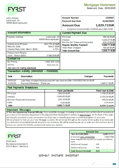 Download Germany Fyrst bank mortgage statement scr Photoshop template